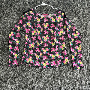 Betsey Johnson Top Womens Size M Pink Floral Black Polka Dot Shirt Mesh Shoulder